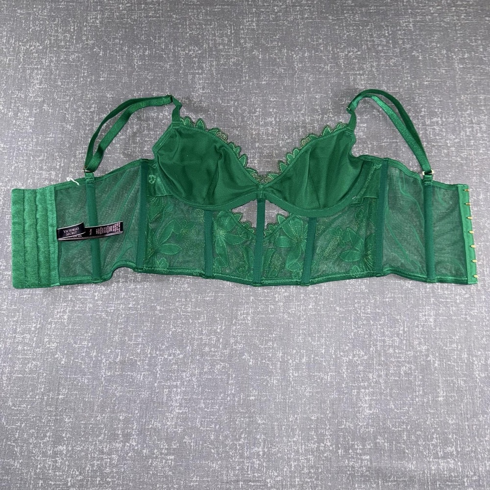 Victorias Secret Very Sexy Bustier Womens 32B XS Green Lace Floral Boned Sheer - Picture 8 of 11